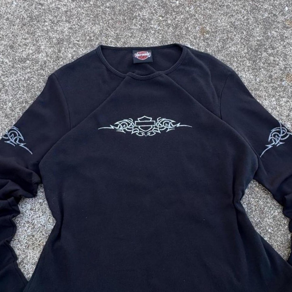 Vintage Y2K Harley Davidson Tribal Flame Thermal Biker Shirt Black Small (d7)